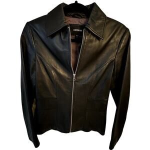 Y2K Express Genuine Leather Jacket Size 4 – Black Moto Zip, Vintage 2000s